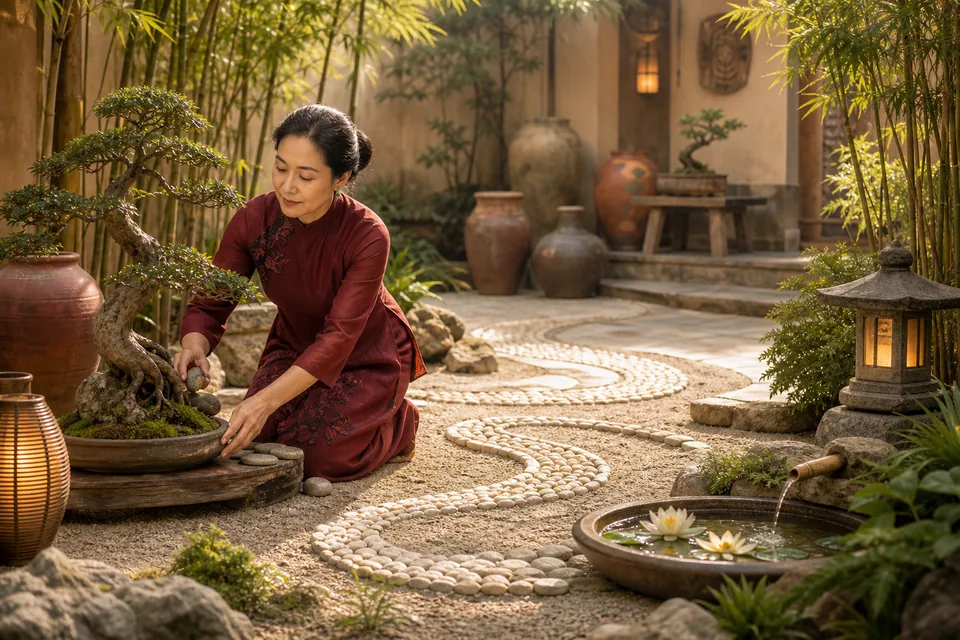 Nữ Đinh Tỵ chăm bonsai và sắp đá trong sân cát với chum gốm, đèn lồng, chậu nước và đường đá uốn lượn