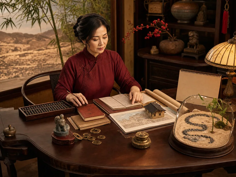 Nữ Đinh Tỵ ngồi trong thư phòng gỗ xem sổ gia đình, giấy tờ nhà đất, bàn tính, đồng xu và tiểu cảnh rắn trên cát