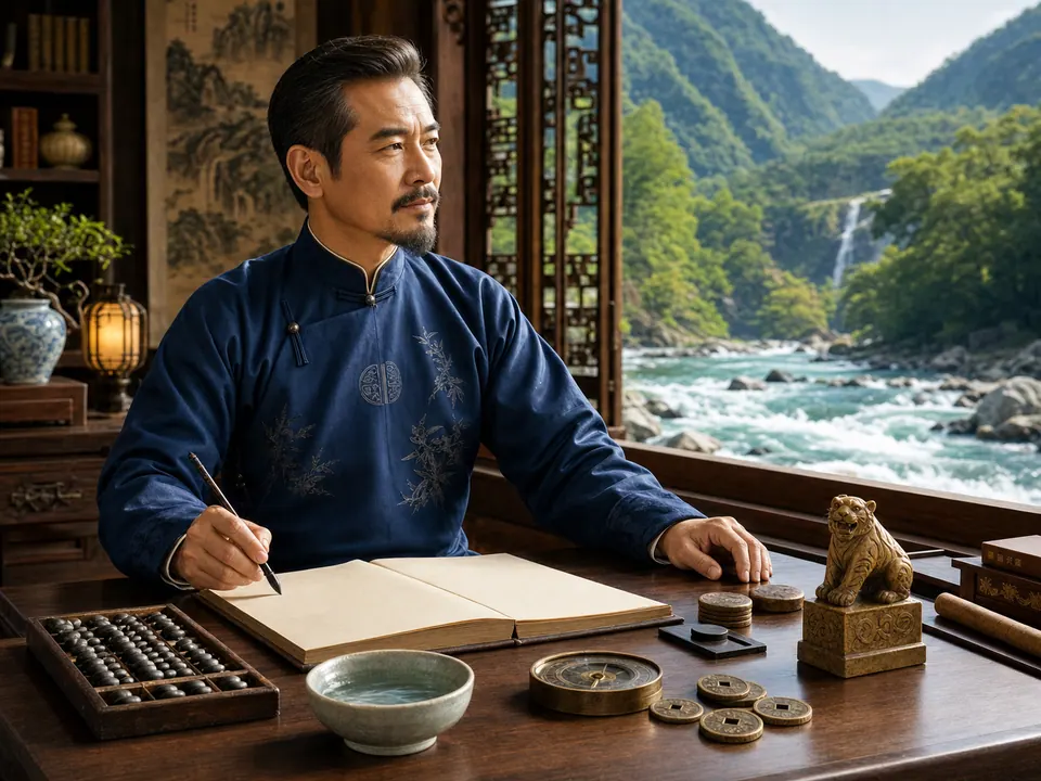 Nam Giáp Dần ngồi bên bàn chiến lược cạnh sông núi với bàn tính, đồng xu, la bàn và tượng hổ