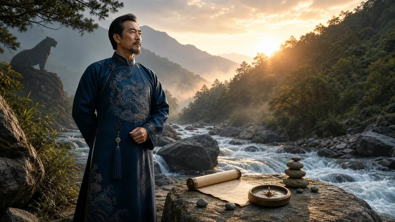 Nam Giáp Dần đứng bên dòng suối lớn trong thung lũng núi với bóng hổ, la bàn và cuộn giấy
