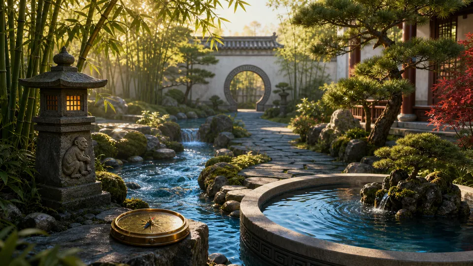 Khu vườn phong thủy Giáp Thân nam mạng có dòng suối, hồ tròn, tre xanh, tùng bách, đèn đá và la bàn đồng