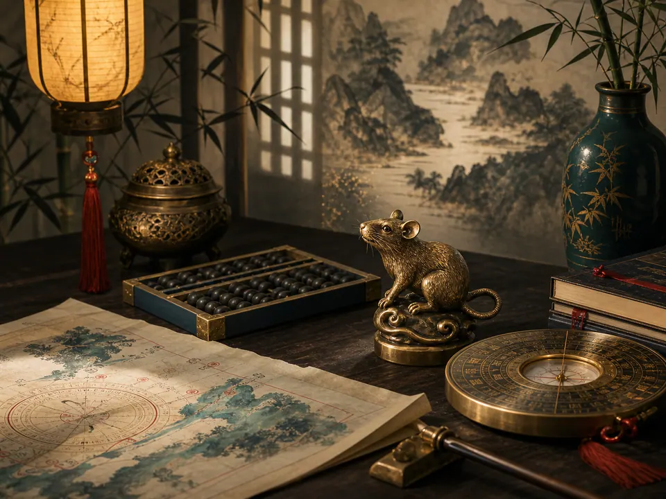 Tượng chuột vàng trên bàn cạnh bàn tính, la bàn, giấy vẽ vòng tròn, sách và bình cắm cành tre dưới ánh đèn