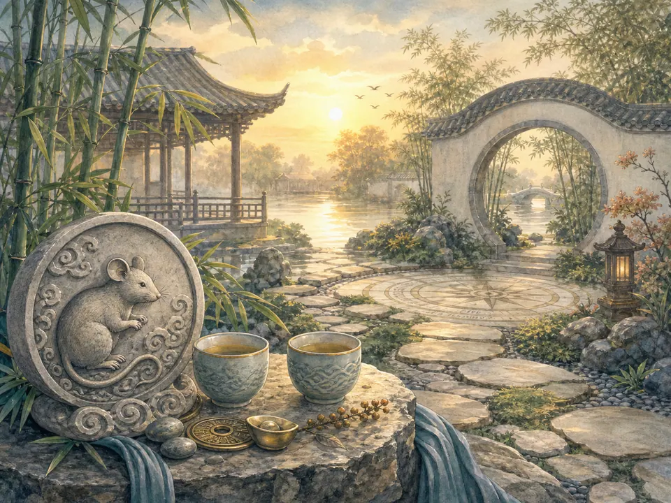 Phù điêu chuột tròn bằng đá cạnh hai chén trà, đồng xu và thỏi nhỏ, phía sau là sân vườn, cổng tròn, tre và mặt nước lúc chiều