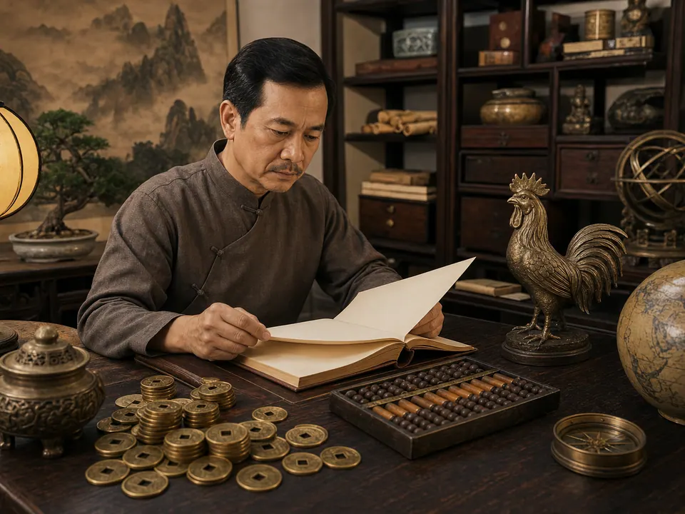 Không gian hoạch định công danh và tài chính của nam Kỷ Dậu với sổ sách kiểm toán chỉn chu, bàn tính và dụng cụ đo đạc chuẩn mực