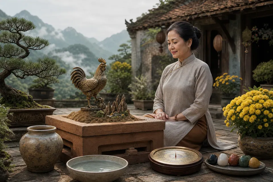 Nữ Kỷ Dậu tĩnh tâm trong sân đá với bệ đất vuông, tượng gà đồng, bình gốm, cây tùng, hoa cúc, la bàn và bát nước