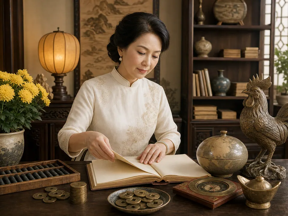 Nữ Kỷ Dậu sắp xếp sổ trắng bên bàn gỗ với tiền xu, bàn tính, la bàn, tượng gà trống đồng và bình gốm