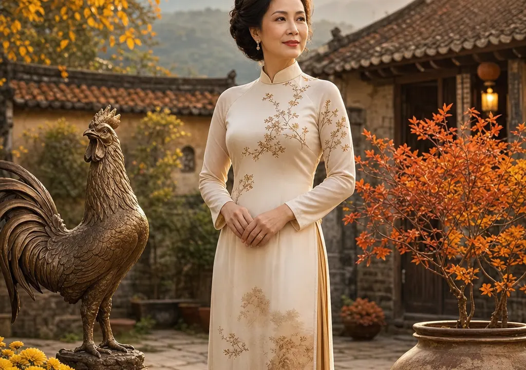Nữ Kỷ Dậu mặc áo dài màu ngà đứng trong sân nhà cổ cạnh tượng gà trống đồng, chum gốm và hoa cúc