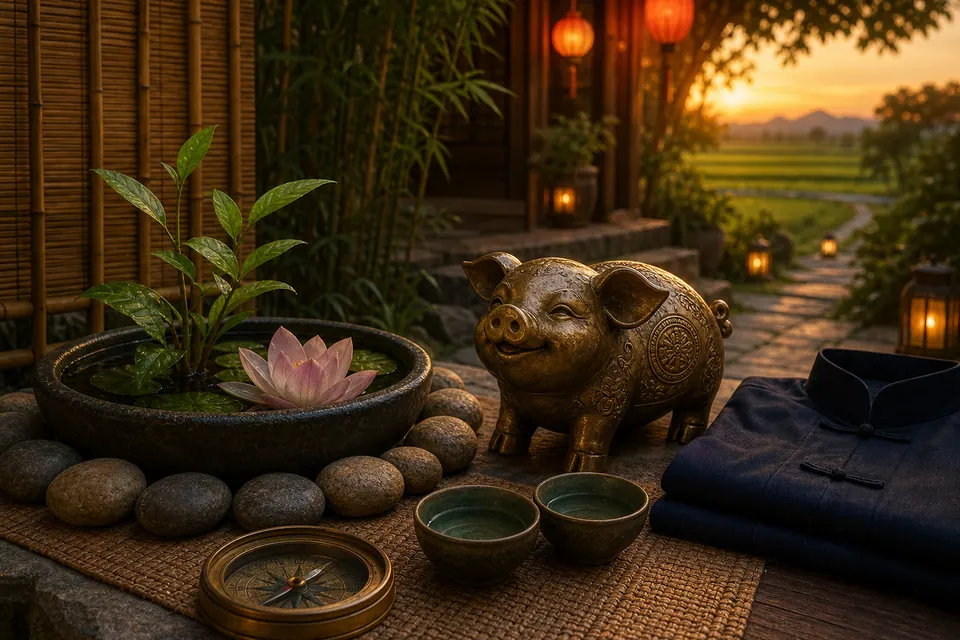 Sân tối yên bình Kỷ Hợi nam mạng có tượng heo đồng, chậu nước sen, cây xanh, đá tròn, la bàn và áo dài nam màu sẫm