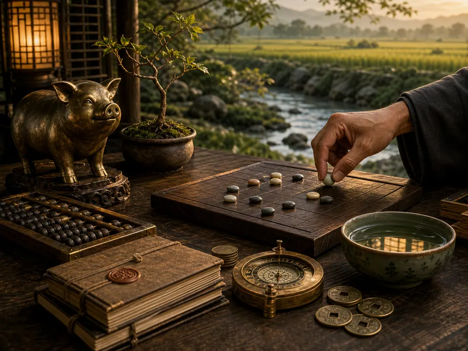 Bàn sự nghiệp Kỷ Hợi nam mạng với tượng heo đồng, bàn tính, la bàn, bonsai, dòng suối và bàn cờ chiến lược không chữ
