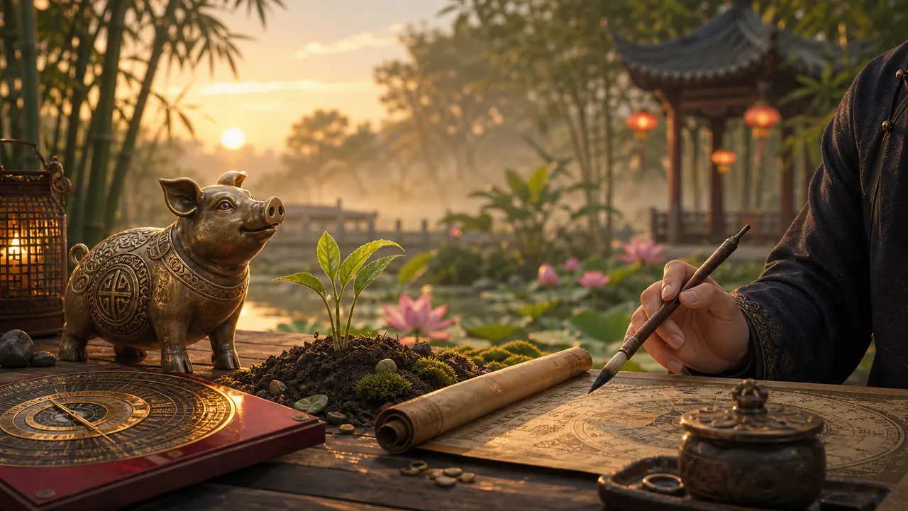 Không gian bình minh Kỷ Hợi nam mạng với tượng heo đồng, la bàn, mầm cây Bình Địa Mộc, ao sen và tay áo nam đang cầm bút