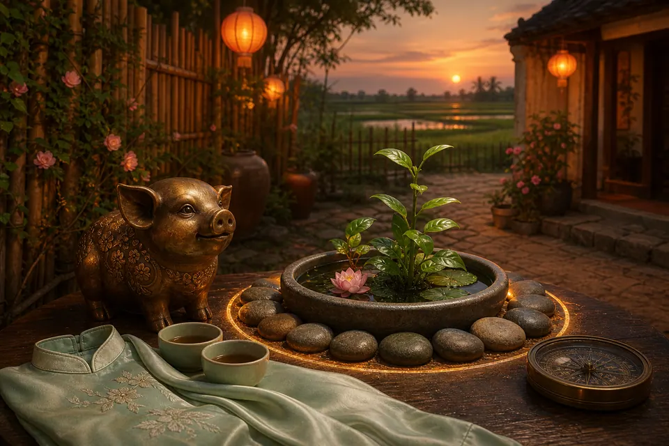 Sân phong thủy Kỷ Hợi nữ mạng lúc hoàng hôn với tượng heo đồng, chậu nước sen, cây xanh, vòng đá bảo hộ, la bàn và áo dài xanh nhạt
