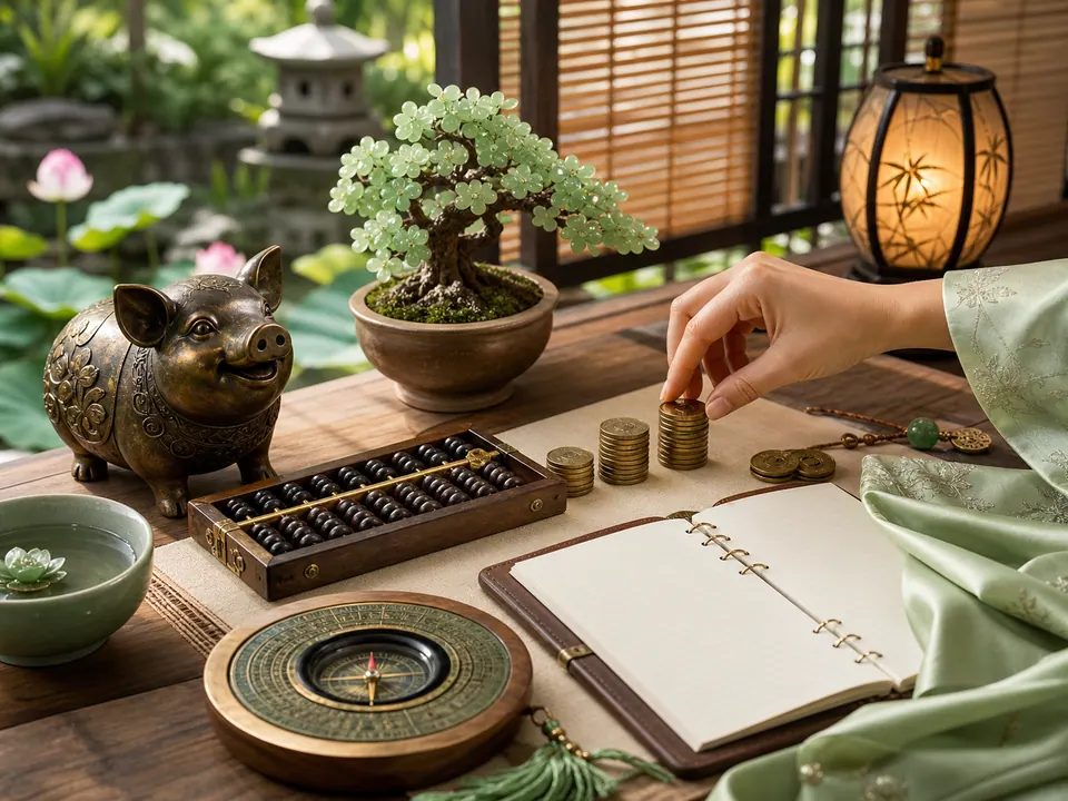 Bàn tài lộc Kỷ Hợi nữ mạng với tượng heo đồng, bàn tính, la bàn, bonsai ngọc, sổ trắng, tiền xu và tay nữ xếp tiền thành từng phần