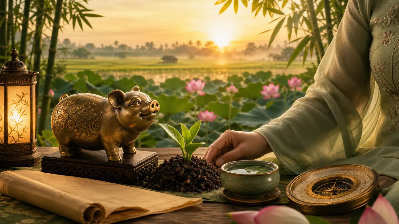 Nữ Kỷ Hợi bên ao sen lúc bình minh với tượng heo đồng, mầm cây Bình Địa Mộc, la bàn, chén nước và áo dài xanh nhạt
