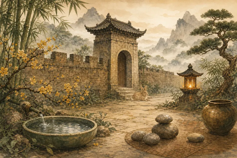 Sân đá phong thủy Kỷ Mão nam mạng có cổng thành, trúc xanh, hoa mai, bồn nước, đèn ấm và thỏ nghỉ yên