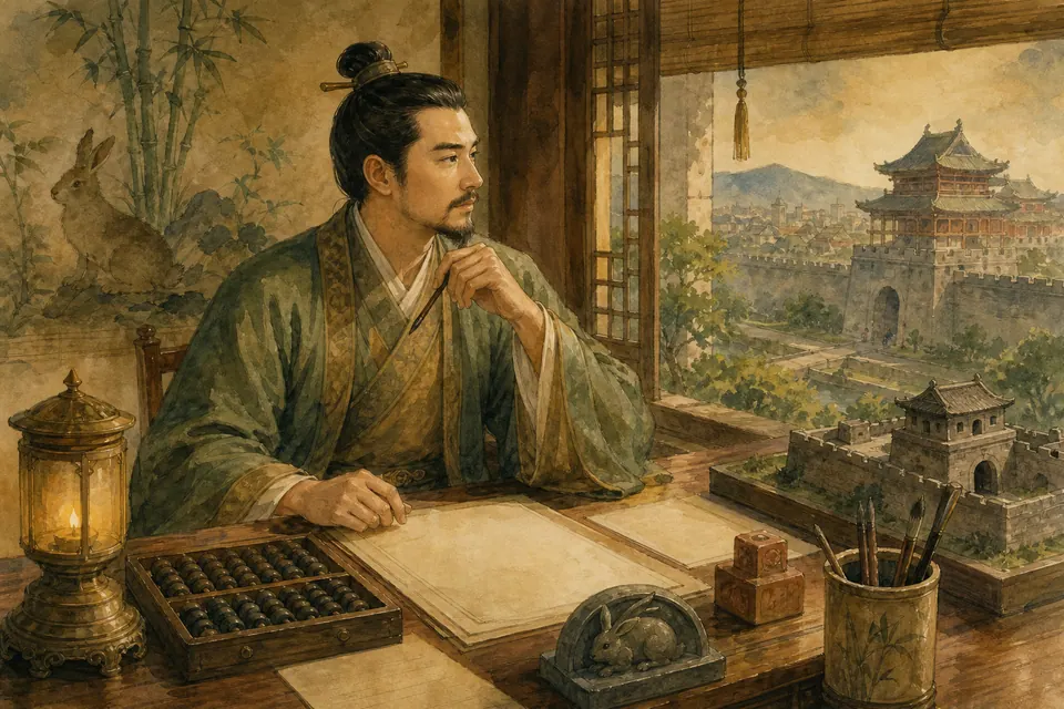 Bàn làm việc Kỷ Mão nam mạng với bàn tính, la bàn, thành đá thu nhỏ, đèn đồng và biểu tượng thỏ