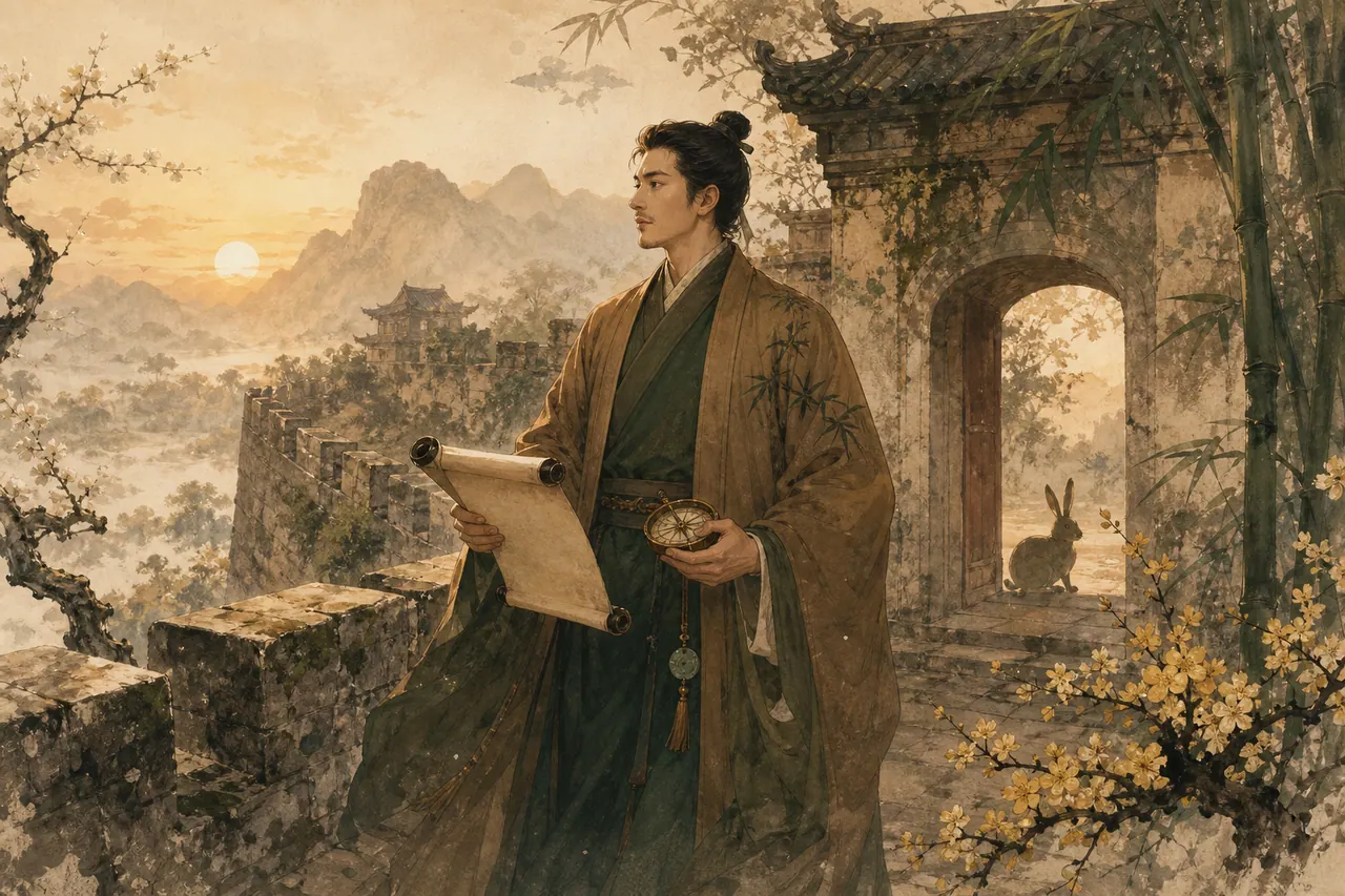 Nam Kỷ Mão đứng bên cổng thành đá, tay cầm cuộn giấy trống và la bàn, biểu tượng Thành Đầu Thổ
