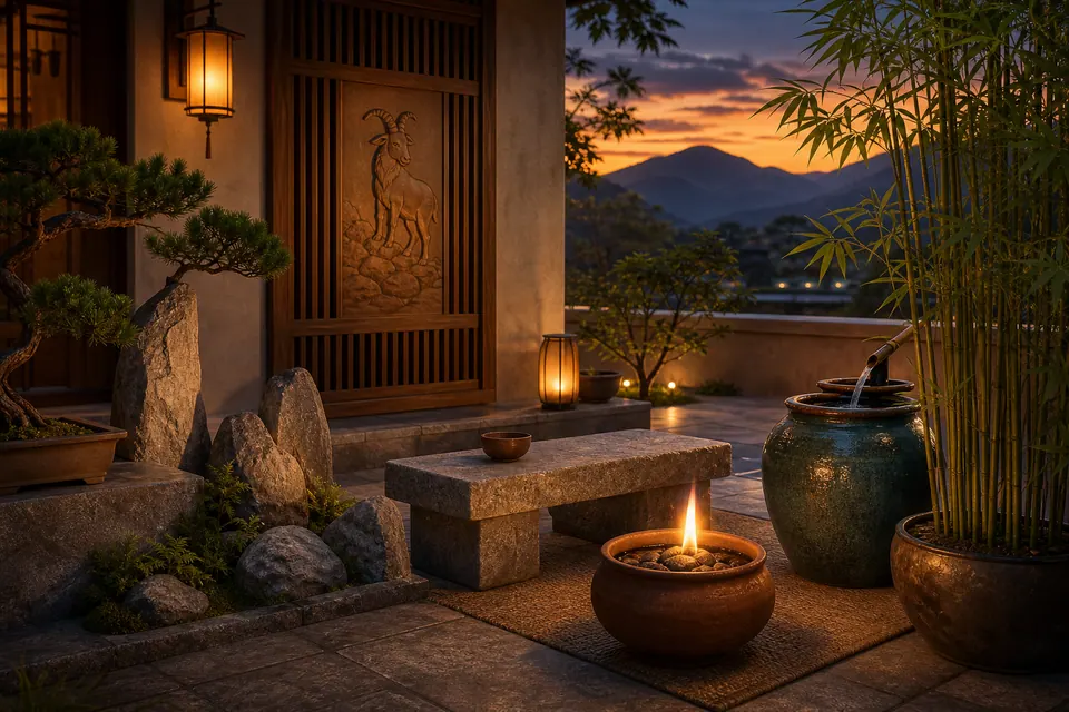 Sân phong thủy yên tĩnh có lửa nhỏ, chum nước, tre, đá núi và phù điêu dê lúc hoàng hôn