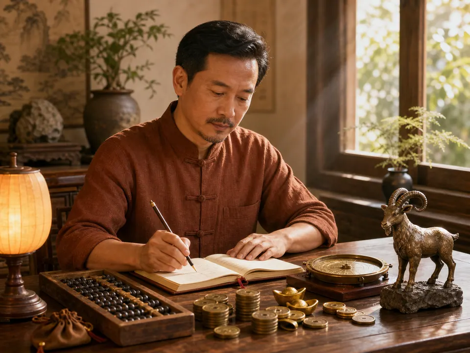 Nam Kỷ Mùi ghi kế hoạch tài chính trong thư phòng gỗ với bàn tính, tiền xu, la bàn và tượng dê