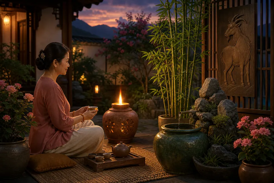 Nữ Kỷ Mùi uống trà trong sân yên tĩnh có lửa nhỏ, chum nước, tre, hoa hồng và phù điêu dê lúc hoàng hôn