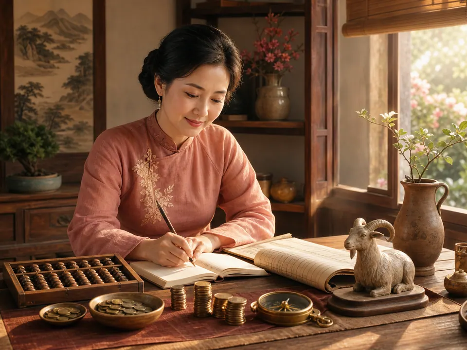 Nữ Kỷ Mùi ghi sổ tài chính trong thư phòng gỗ với bàn tính, đồng xu, la bàn, bình gốm và tượng dê