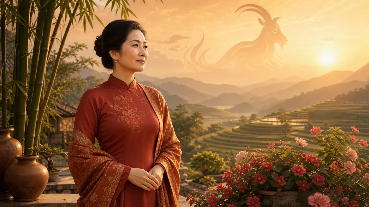 Nữ Kỷ Mùi đứng trong vườn ruộng bậc thang lúc bình minh, bên tre, chum đất và biểu tượng dê trong ánh mặt trời