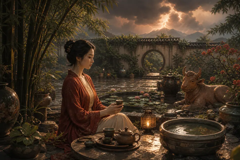 Không gian phong thủy Kỷ Sửu nữ mạng với tre, nước tĩnh, đèn lửa, trà và tượng trâu đất