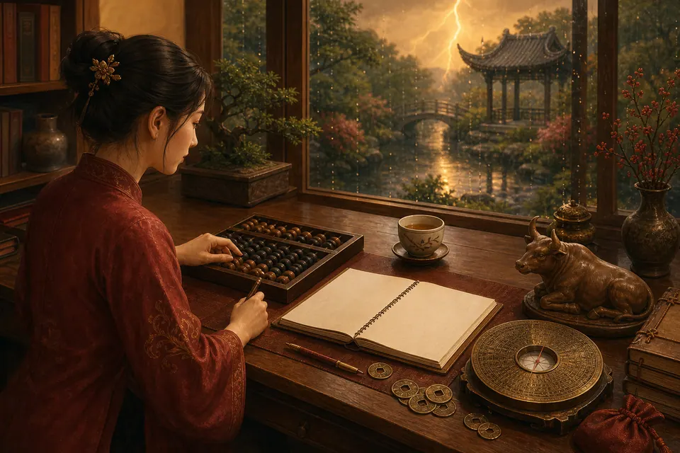 Bàn tài lộc nữ Kỷ Sửu với sổ trắng, bàn tính, la bàn, tiền cổ, trà và tượng trâu đất