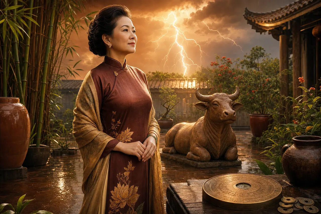 Nữ Kỷ Sửu trong sân sau mưa với trâu đất, la bàn đồng, bình gốm và ánh sấm ấm