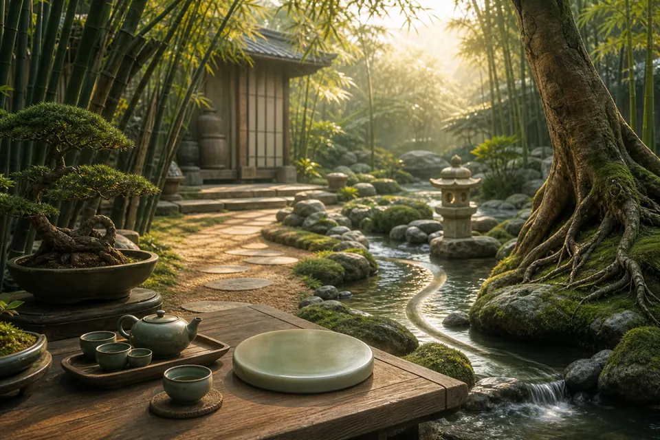 Bàn gỗ có ấm chén, đĩa tròn và bonsai bên dòng nước nhỏ, cạnh cây rễ nổi, tre, đèn đá và hiên nhà