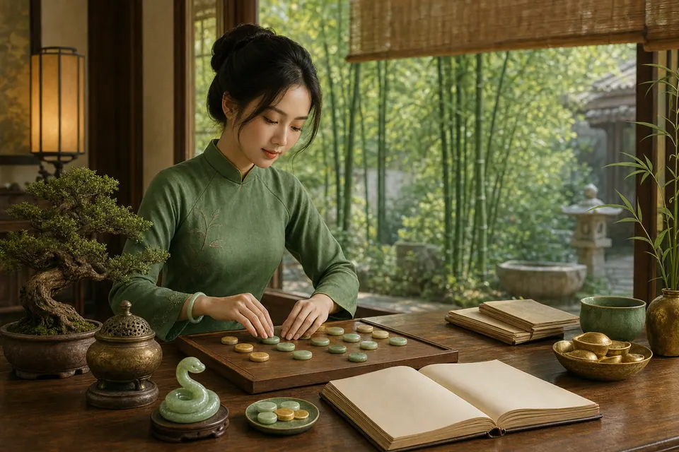 Người phụ nữ áo xanh đặt hai tay lên các hạt xanh vàng trên bàn, cạnh tượng rắn ngọc, bonsai, sổ trắng và chén trước cửa nhìn ra tre