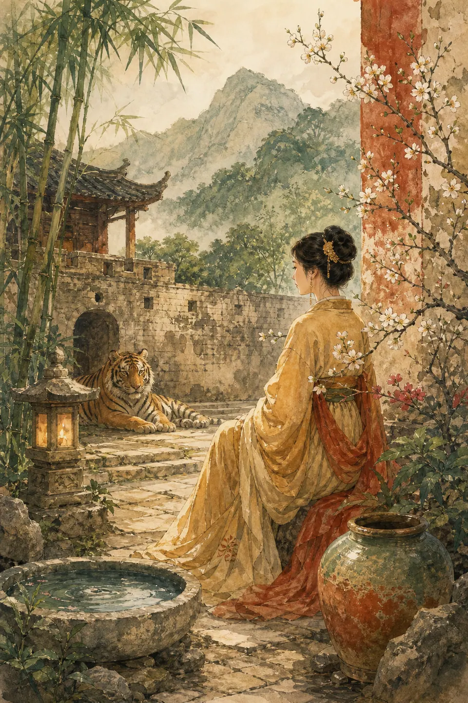Sân đá phong thủy Mậu Dần nữ mạng có hổ nghỉ yên, hoa mận, tre xanh, đèn lửa và bồn nước