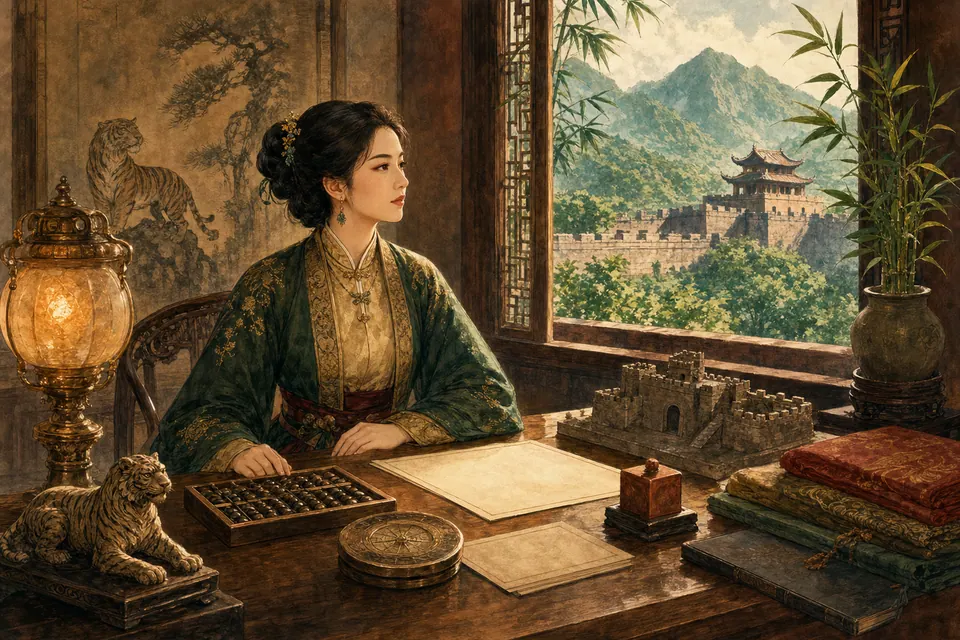 Không gian làm việc của Mậu Dần nữ mạng với bàn tính, la bàn, thành đá, đèn ấm, tre xanh và biểu tượng hổ