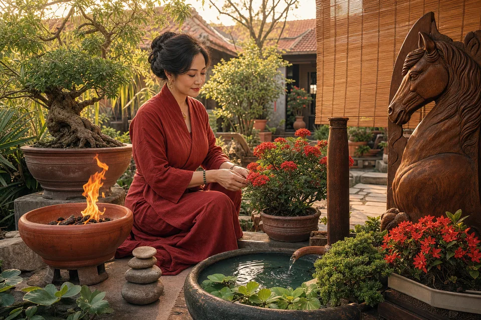 Nữ Mậu Ngọ chăm hoa đỏ trong sân có bếp lửa đất nung, chậu nước, bonsai, tre và phù điêu ngựa gỗ