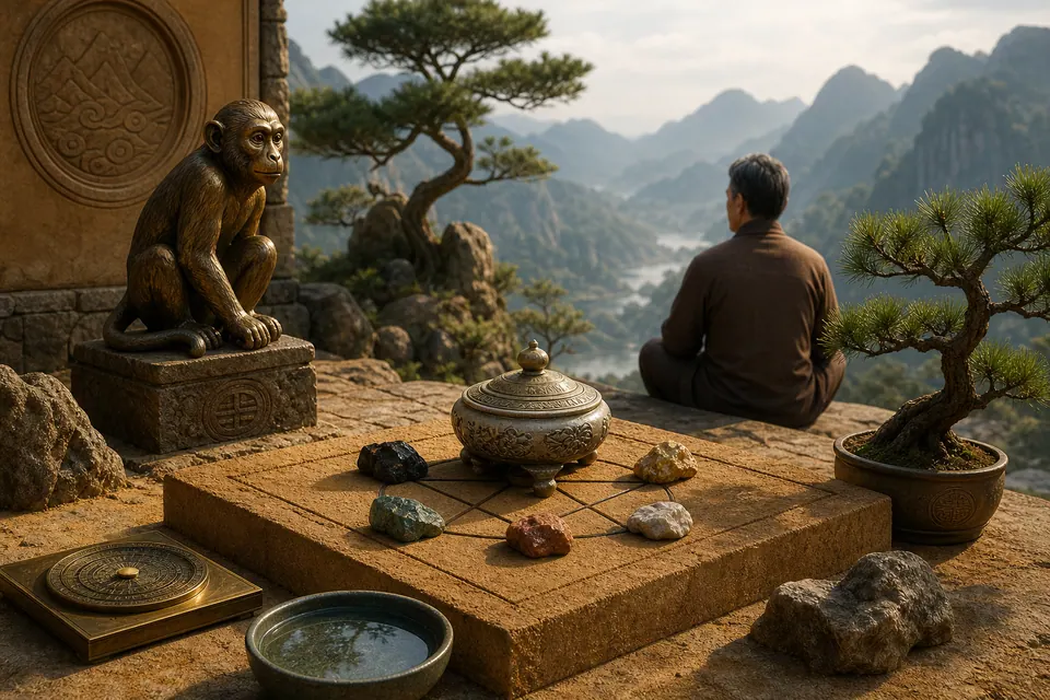 Sân đá phong thủy dưới núi với tượng khỉ đồng, đàn đất vuông, cây tùng, bát nước, la bàn và nam nhân ngồi tĩnh tâm