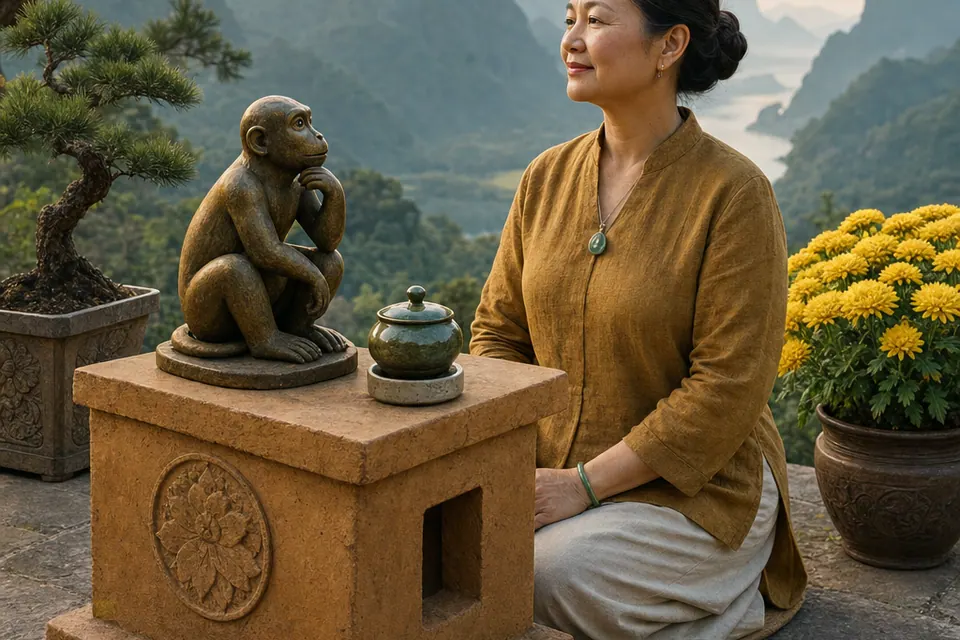 Nữ Mậu Thân ngồi tĩnh tại ở sân đá trên núi với tượng khỉ đồng, bát nước, la bàn, đá ngũ hành và hoa cúc