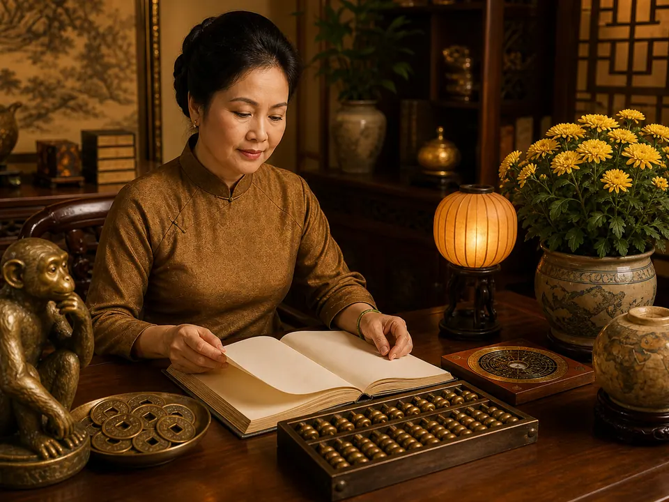 Nữ Mậu Thân xem sổ trắng bên bàn gỗ với bàn tính, tiền xu, la bàn, tượng khỉ đồng và chậu hoa cúc