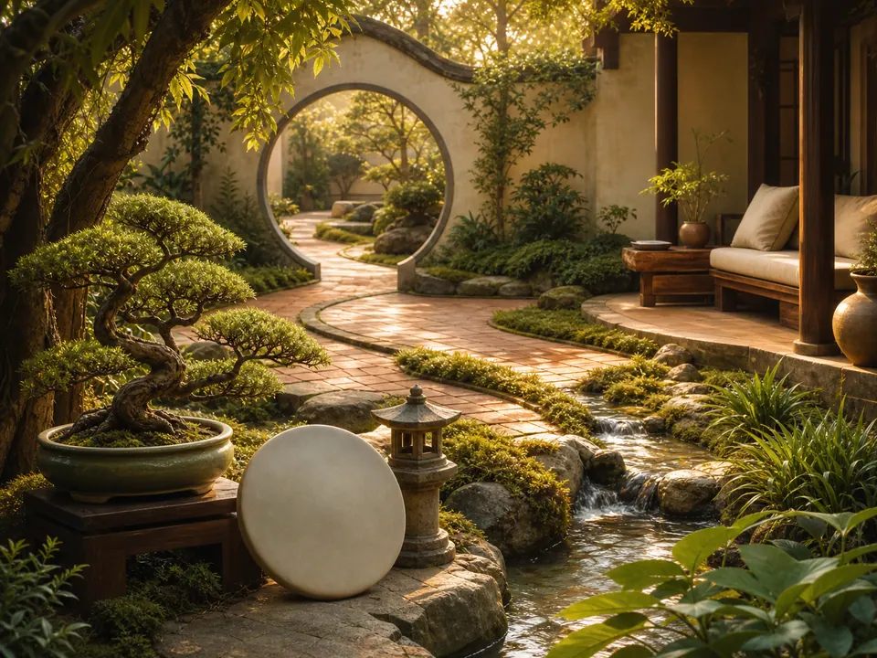 Sân vườn phong thủy cân bằng Mộc Thổ Thủy cho tuổi Mậu Thìn nữ mạng với thảm cỏ xanh và tiểu cảnh dòng nước mát