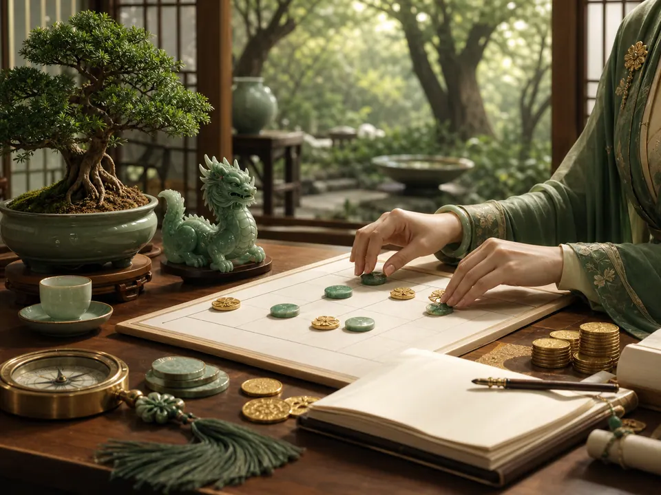 Bàn hoạch định tài lộc và sự nghiệp cho nữ mạng Mậu Thìn với bonsai xanh tươi và khối ngọc thanh nhã