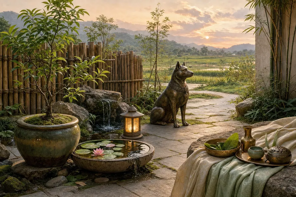 Sân phong thủy Mậu Tuất nữ mạng có tượng chó đồng, cây non, hồ sen, đèn ấm, đá đất và vải xanh ngà