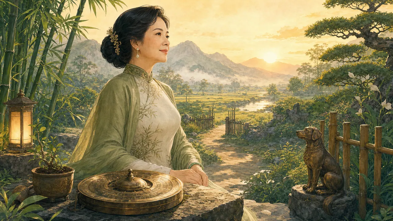 Nữ Mậu Tuất bên đồng bằng xanh lúc bình minh, la bàn đồng, đèn ấm và tượng chó đồng biểu trưng Bình Địa Mộc