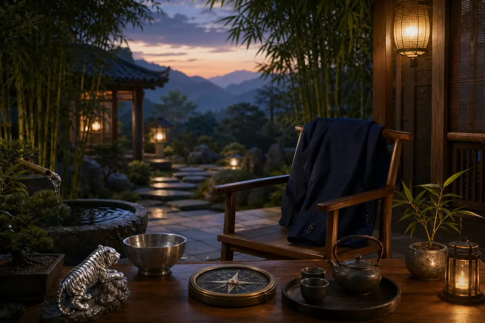 Góc vườn núi phong thủy Nhâm Dần nam mạng lúc hoàng hôn với áo indigo, tượng hổ bạc, la bàn, nước sạch và trà