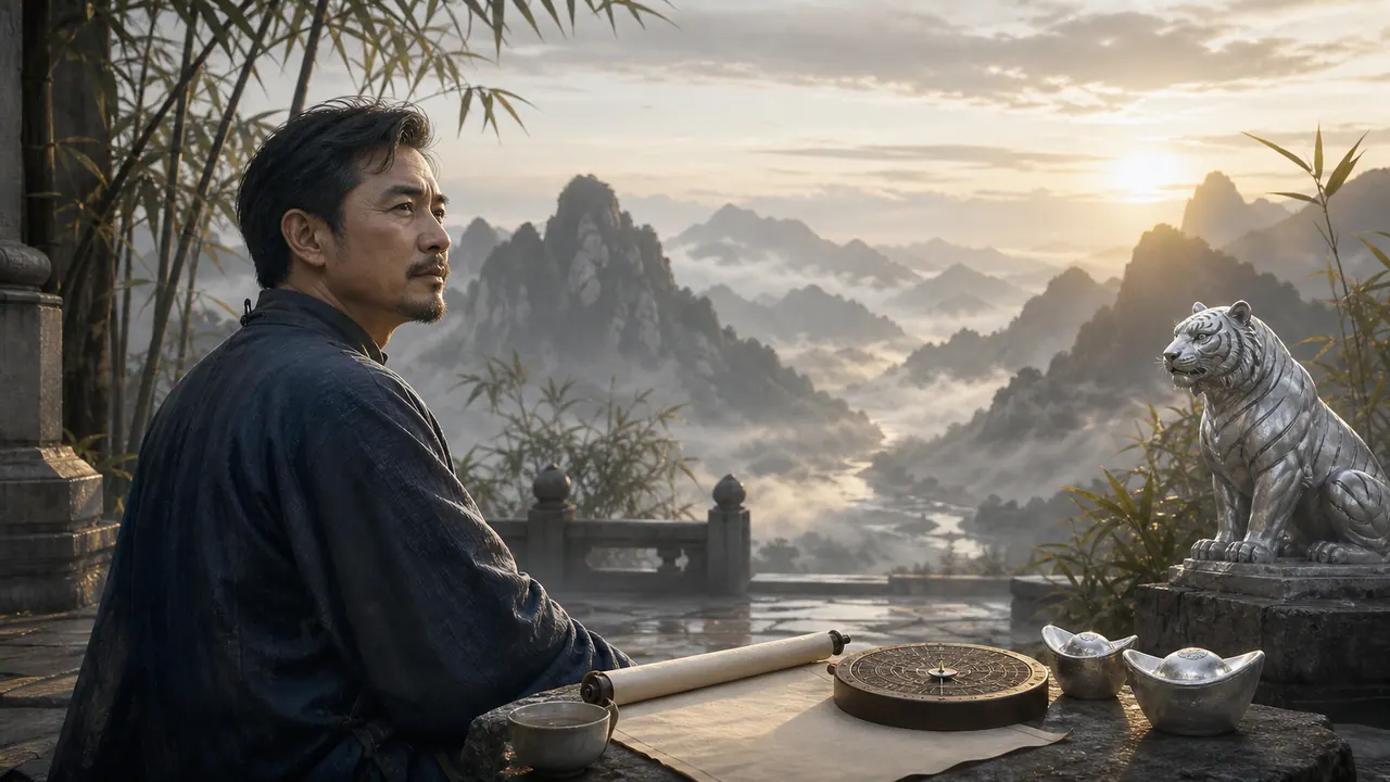 Nam Nhâm Dần trên hiên núi lúc bình minh với tượng hổ bạc, la bàn, cuộn giấy trắng và núi mây xa