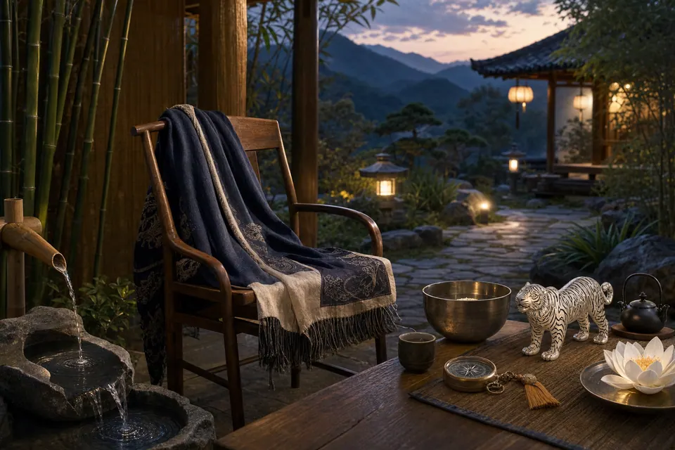 Góc vườn núi phong thủy Nhâm Dần nữ mạng lúc hoàng hôn với khăn xanh ngà, tượng hổ bạc, la bàn, nước sạch và trà