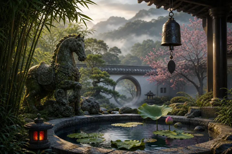 Sân phong thủy Nhâm Ngọ nam mạng có hồ sen, tượng ngựa đá, chuông đồng, tre xanh và đèn đỏ nhỏ