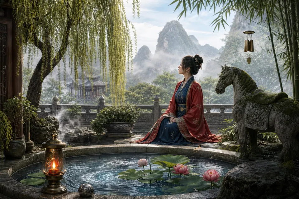 Người phụ nữ khoác áo đỏ ngồi cạnh tượng ngựa đá và hồ sen tròn, dưới liễu và chuông gió nhìn ra núi