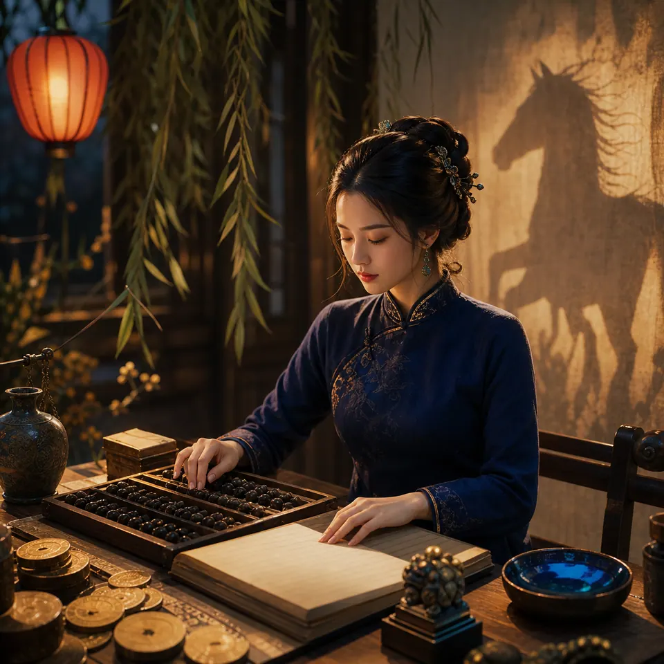 Người phụ nữ áo xanh đặt một tay lên bàn tính, tay còn lại trên sổ trống cạnh tiền đồng và bát xanh dưới đèn đỏ, sau lưng có bóng ngựa