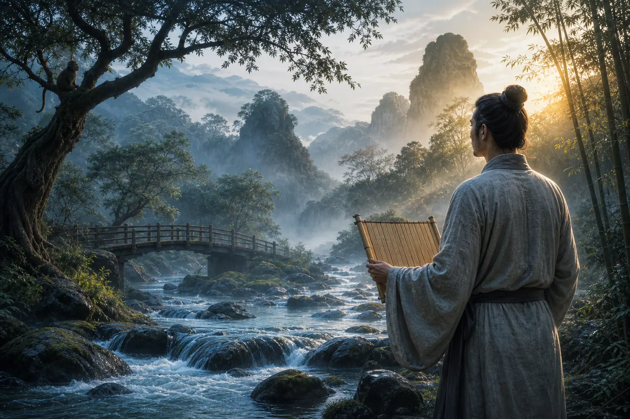Tử vi trọn đời tuổi Nhâm Thân nam mạng với suối núi, rừng tre và bóng khỉ trong sương