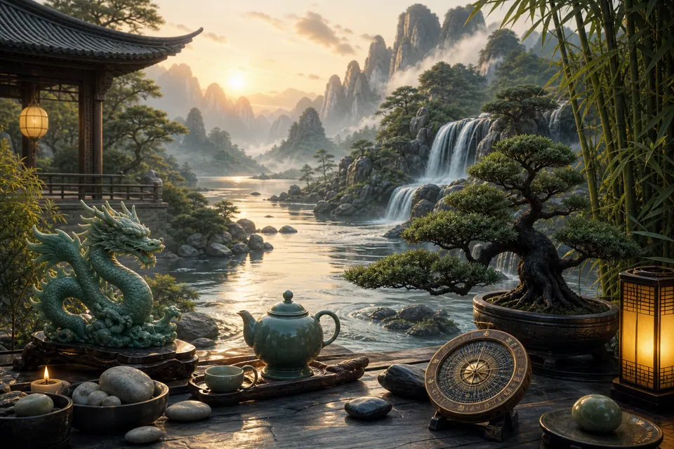 Không gian phong thủy Nhâm Thìn nam mạng với thác nước, bonsai tùng, tre, trà, đá và la bàn