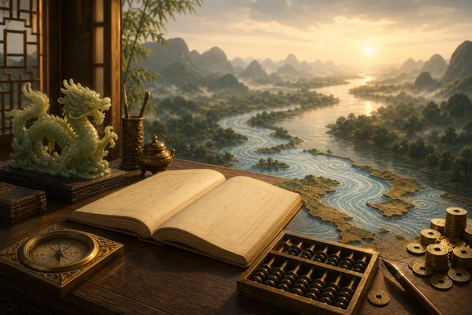 Bàn sự nghiệp Nhâm Thìn nam mạng với sổ kế hoạch, bàn tính, la bàn, tiền cổ và tượng rồng ngọc