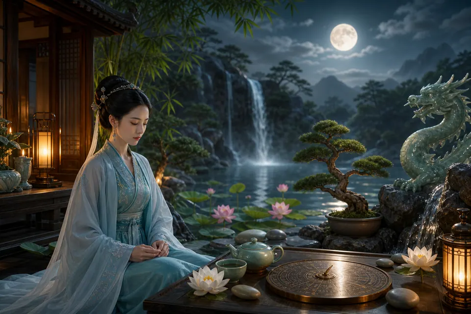 Không gian phong thủy Nhâm Thìn nữ mạng với thác nước, trăng, sen, trà, bonsai tùng, la bàn và rồng ngọc